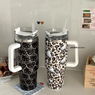 卡通猫咪大容量冰霸杯豹纹吸管杯304不锈钢材质带手柄车载水杯