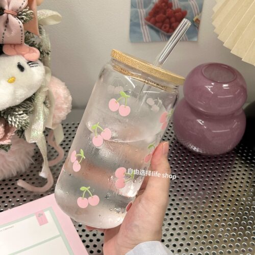 樱桃竹盖玻璃吸管杯耐高温碎冰