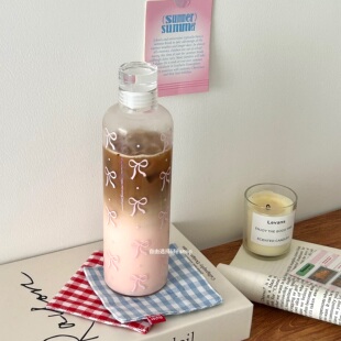 原创蝴蝶结小众设计大容量耐热玻璃杯时间刻度高颜值水杯女500ml