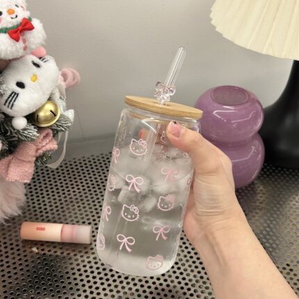 高硼硅玻璃杯卡通KT猫咪带盖蝴蝶结吸管桌面随手竹盖杯学生耐高温