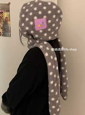 蓝色复古大头围波点毛绒帽子围巾女冬季羊羔绒套头帽百搭显脸小女