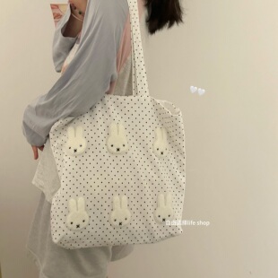 卡通米菲可爱单肩包简约兔子波点托特包女大容量学生通勤帆布包包
