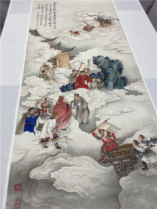 名画复制品夏荆山五路财神佛像唐卡菩萨国画艺术微喷古代装饰画