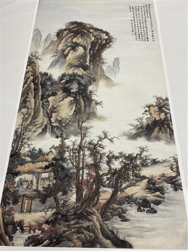 祁昆淡彩山水图品茶国画真迹喷绘品微喷宣纸长卷古代人物装饰画芯