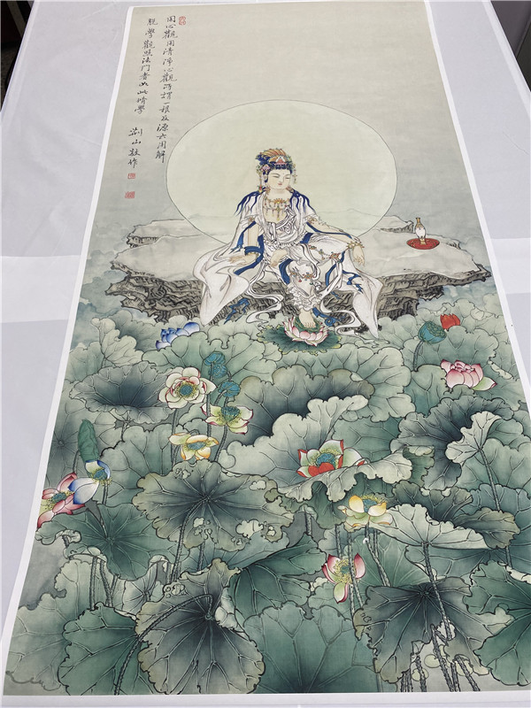夏荆山荷花观音座像 099真迹艺术微喷复制品高清人物客厅装饰挂画