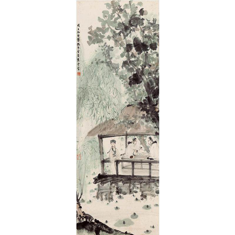 1:1傅抱石水阁围棋写意人物画国画艺术微喷古代名画复制品装饰画