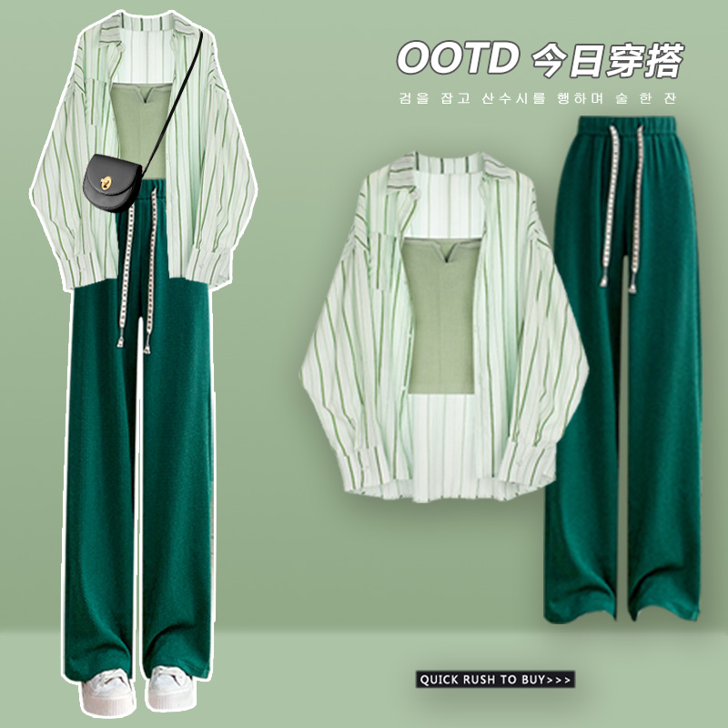 2023新款薄荷绿小清新休闲防晒衬衫搭配西装阔腿裤套装夏款三件套