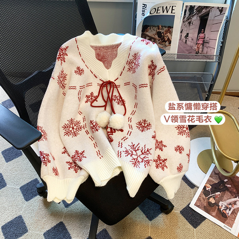 本命年设计感新年毛衣女冬季新款新年雪花复古宽松加厚针织衫上衣
