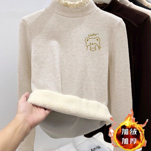 女童打底衫加绒加厚半高领长袖卫衣新款中大童一体绒保暖印花上衣