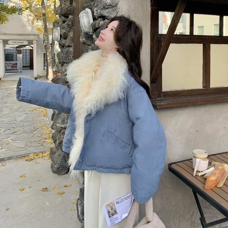 羊羔毛领蓝色座山雕派克羽绒服女冬超好看高级感加绒加厚工装外套,女装短外套,2B227