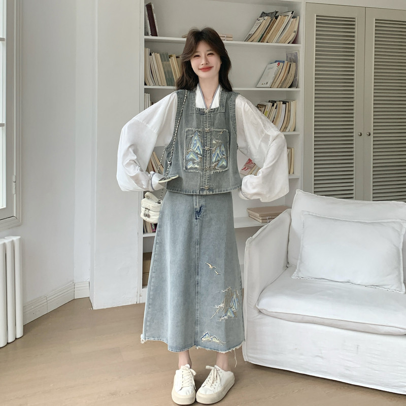 26春全新2b227汉衫刺绣牛仔马甲半身裙三件套391P195K318,女装大码女装,2B227