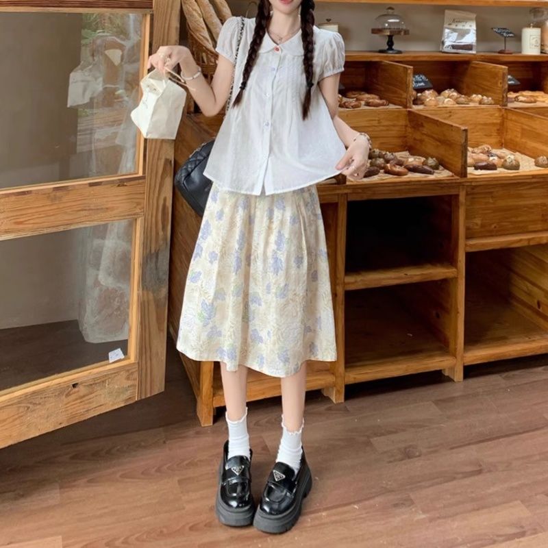 小个子甜美风套装白色娃娃领短袖衬衫女夏季碎花高腰半身裙两件套
