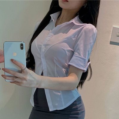 夏季新款束腰显瘦白色短袖衬衫女制服纯欲设计感小众收腰衬衫