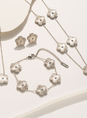 简约气质五叶花首饰套装 四叶草镭射 钛钢梅花时尚百搭网红潮