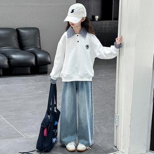 中大童休闲运动牛仔阔腿裤 女童POLO衫 新款 卫衣套装 两件套 2025春季