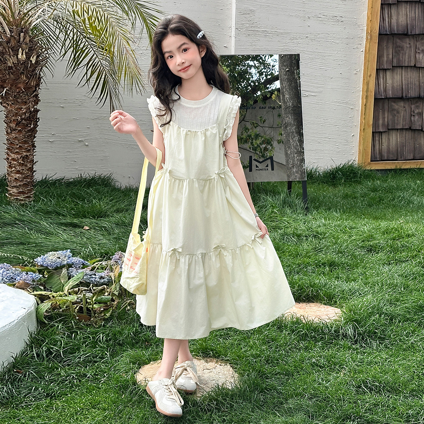 女童夏季小清新无袖背心套装洋气2026新款大童中长款吊带连衣裙夏