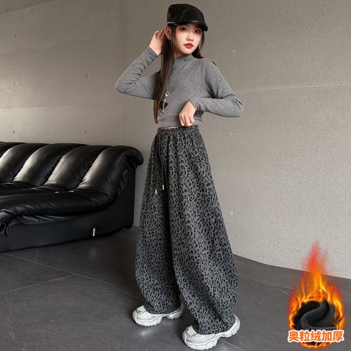 女童加绒加厚休闲阔腿裤弯刀裤冬