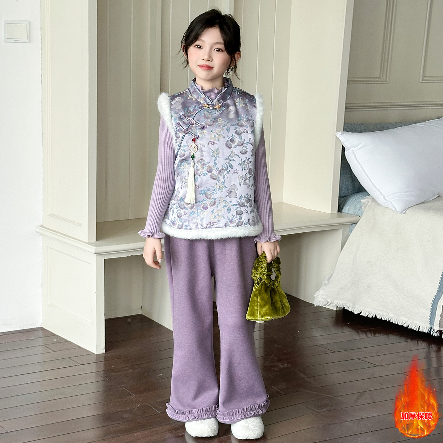 女童新中式国风马甲加厚套装冬季新款女孩洋气毛衣三件套拜年服冬