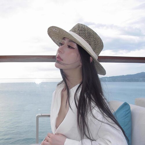 春夏镂空网红格纹平檐绑带沙滩帽