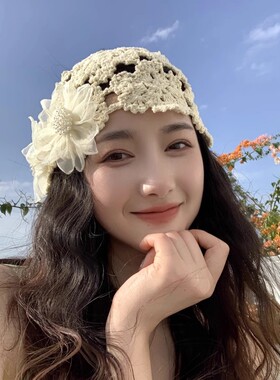 春夏新款甜美花朵镂空编织包头帽