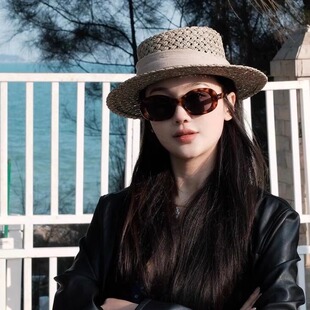 法式 防晒遮阳帽复古百搭沙滩帽 镂空度假草帽女咸草编凹顶礼帽夏季
