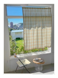 ins韩国奶油复古格子门帘简约半帘韩式免打孔厨房隔断帘窗帘定制