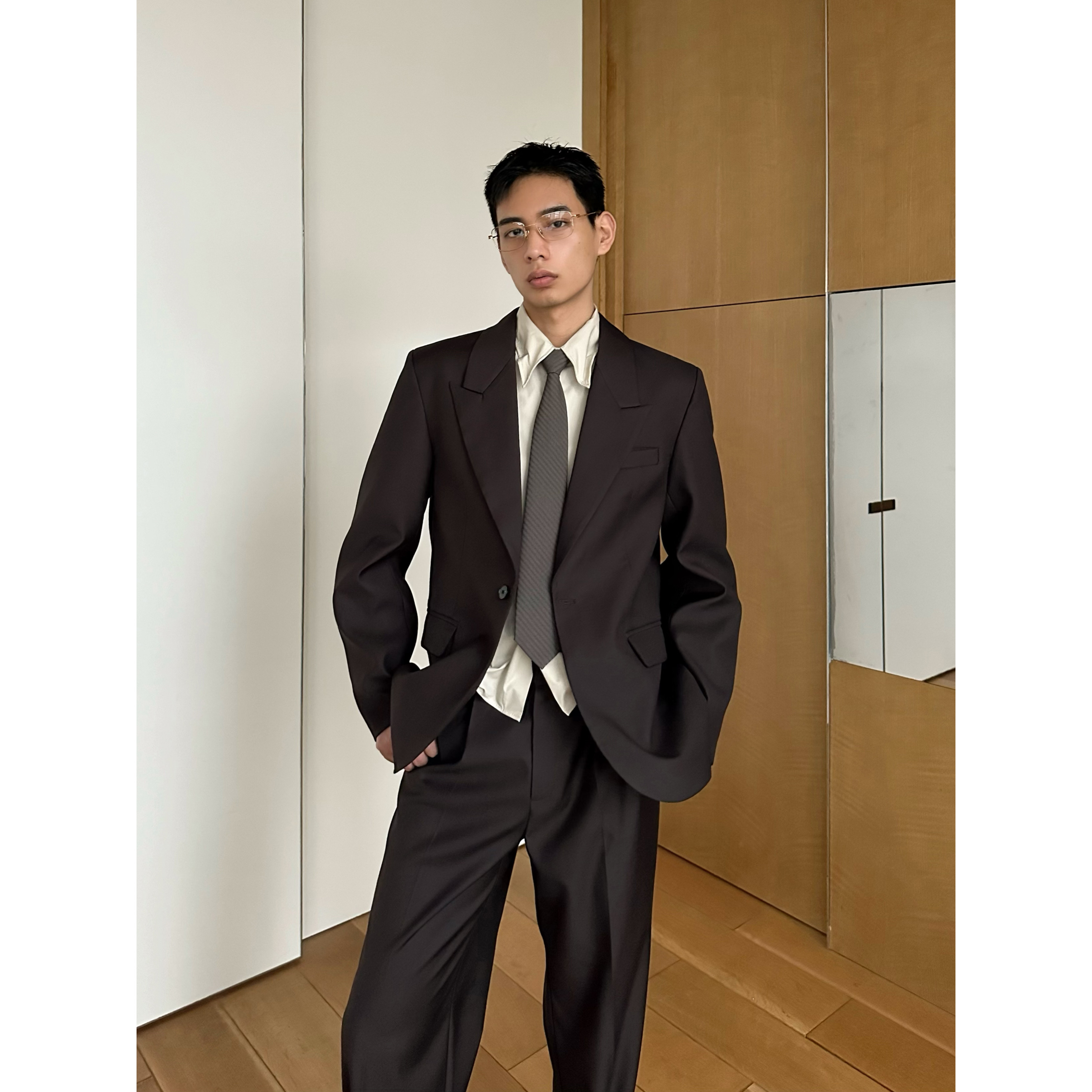 TRENDYWU 经典轻奢“南法”老钱羊毛立裁垫肩抗皱合身款西服外套