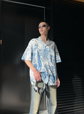 TRENDYWU 新品复古时髦重工设计感浮雕印花质感廓形宽松短袖衬衫