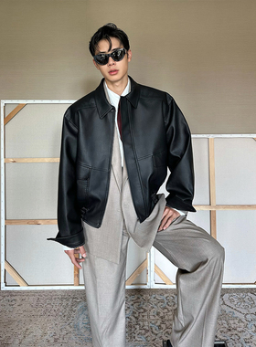 TRENDYWU 法式复古“张力”重磅荔枝纹皮革加厚大廓形皮衣夹克