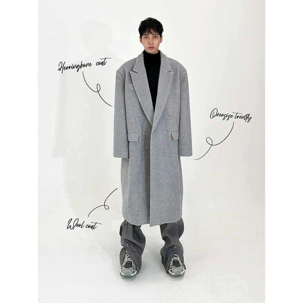 TRENDYWU暗人字纹毛呢大衣