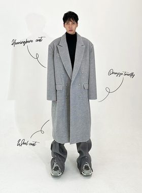 TRENDYWU 新品复古老钱人字纹灰硬挺复合加厚垫肩廓形毛呢长大衣