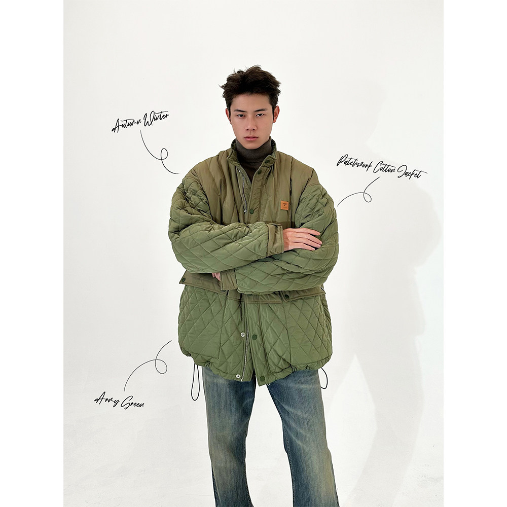 TRENDYWU高街拼接绗线棉服