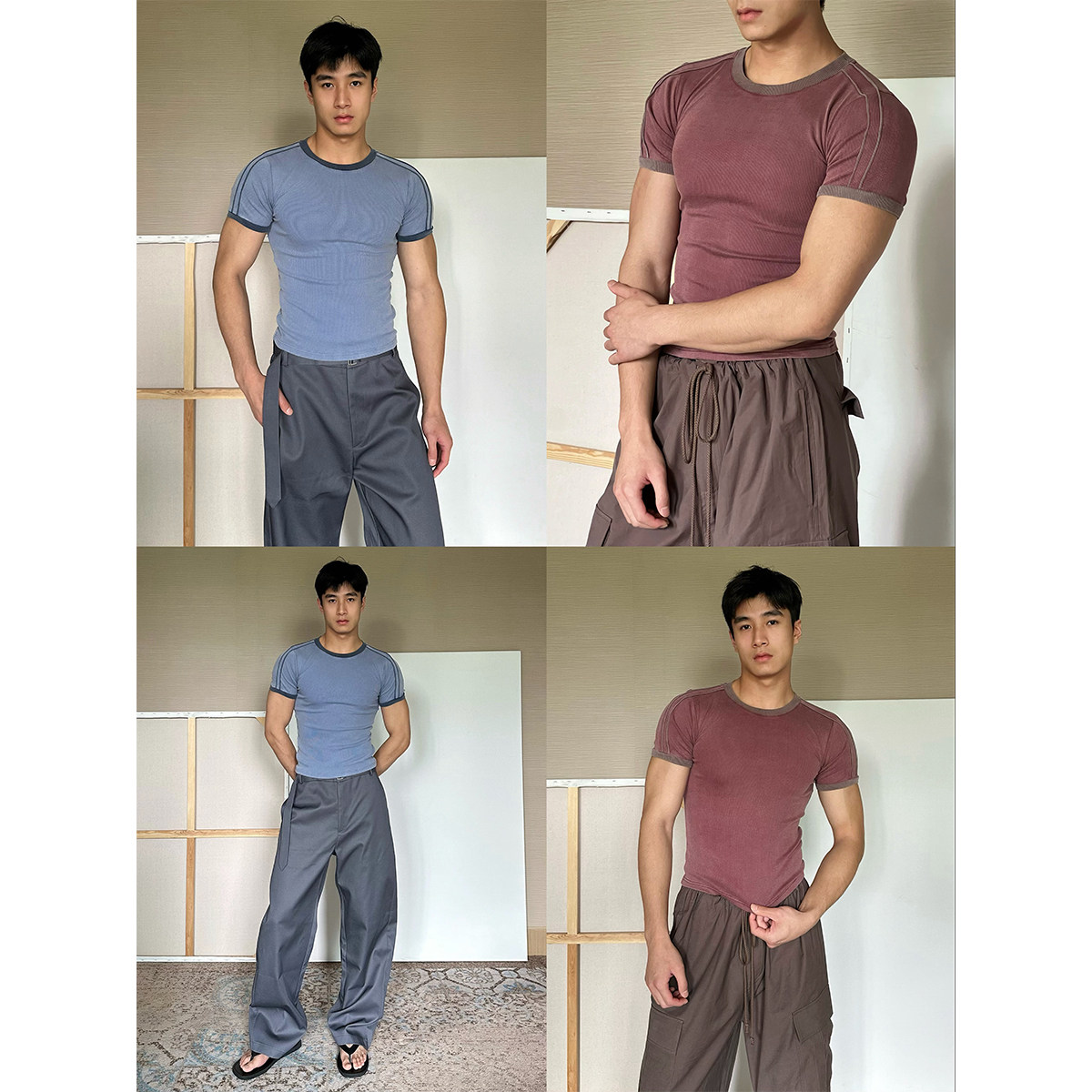 TRENDYWU 美式复古“波嬉”重工炒色水洗弹力坑条螺纹拼接短袖T恤