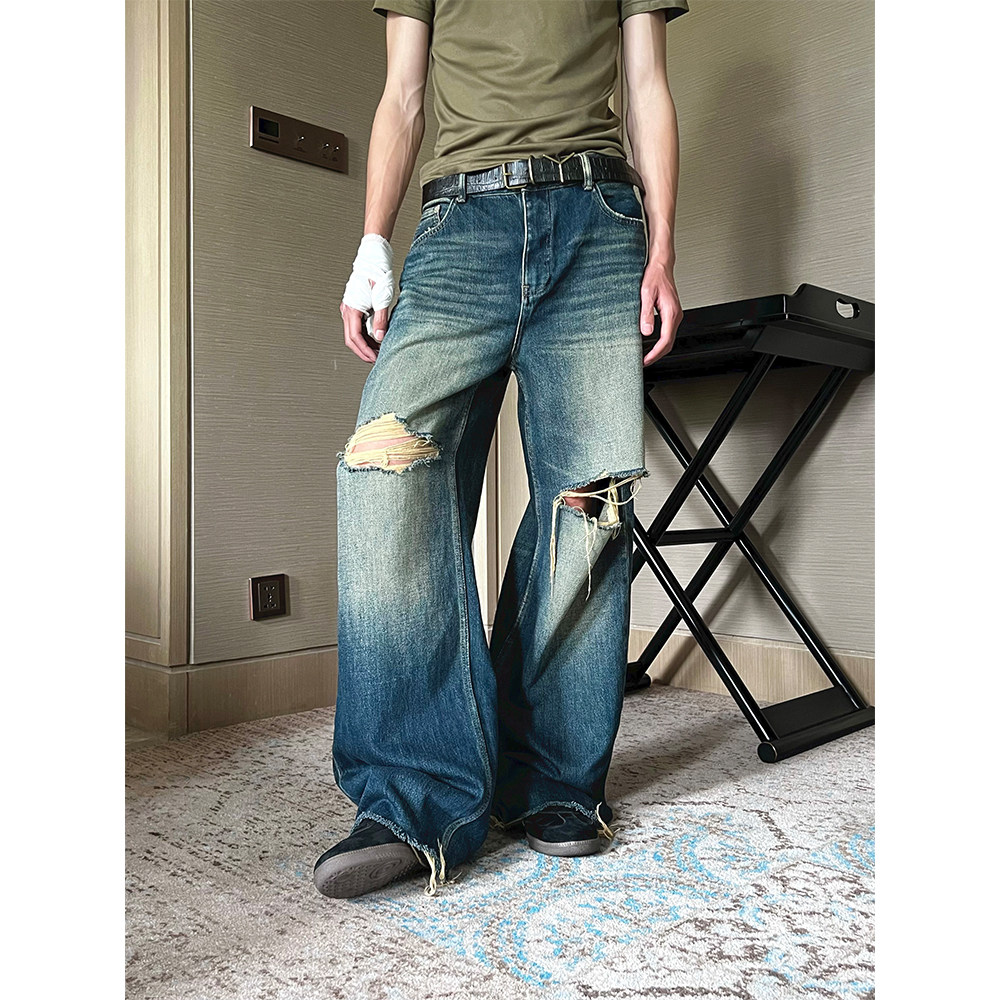 TRENDYWU青苔猫须破洞牛仔裤