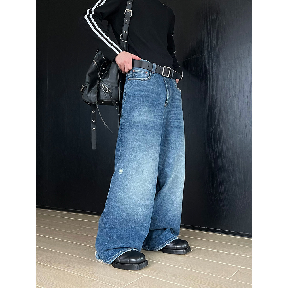 TRENDYWU慵懒水洗做旧须边牛仔裤