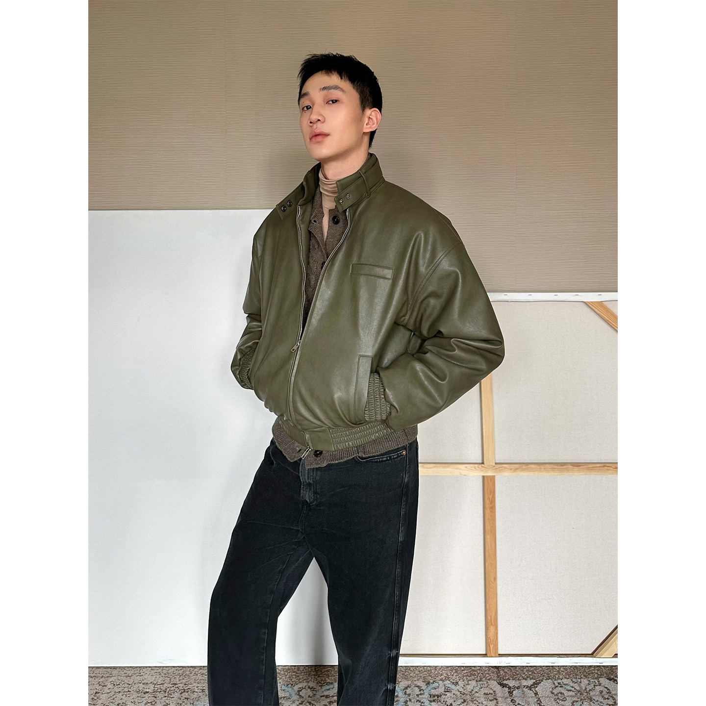 TRENDYWU加厚3D廓形PU皮棉服