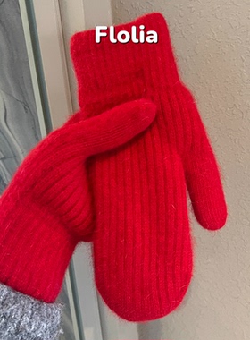 法国Flolia大红色羊毛针织手套冬季男女加绒保暖防寒双层连指