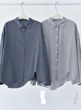 25春季新款波浪下摆文艺格纹百搭衬衣外套36966