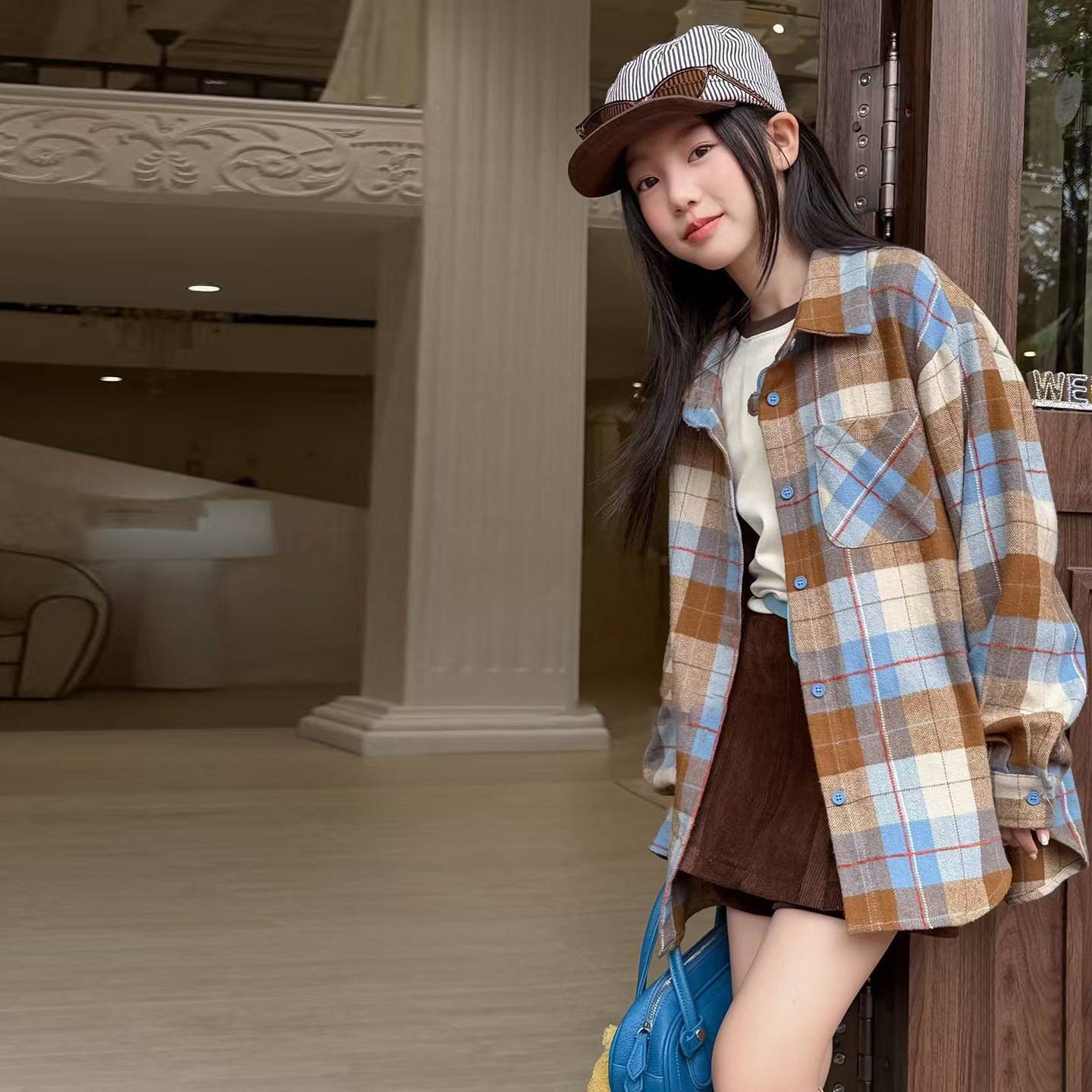 女童复古格纹衬衫春秋2026新款