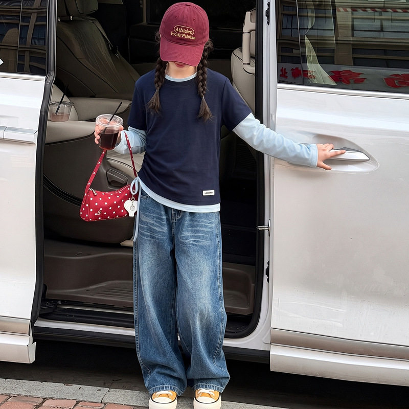 女童秋季假两件T恤套装2026新款