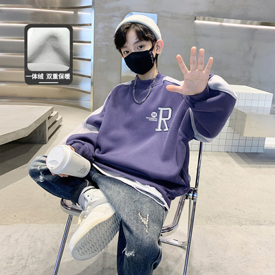 儿童加绒拼接卫衣一体绒冬季2025