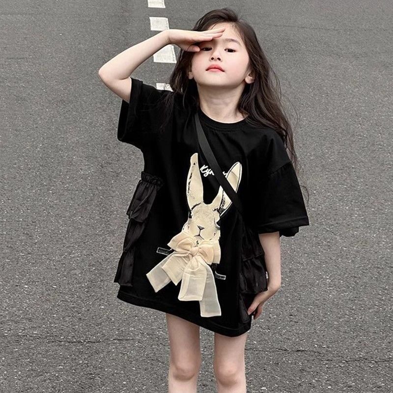 女童短袖T恤裙子卡通时尚中大童宽松中长款儿童夏季百搭半袖上衣t