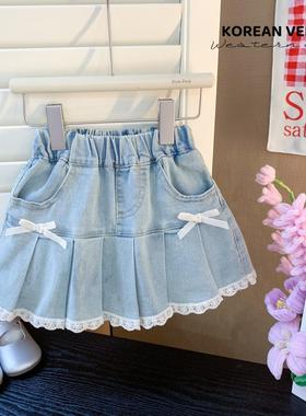女童夏季牛仔短裙女宝宝韩版新款洋气可爱蝴蝶结蕾丝花边百褶裙潮