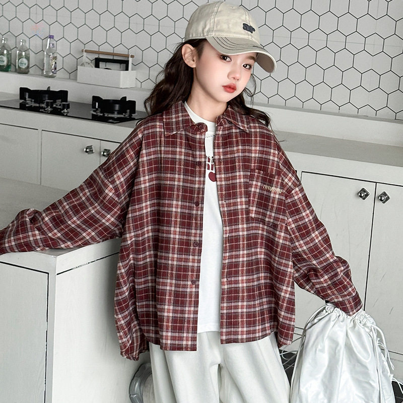 女童春秋休闲格子衬衫中大童2026