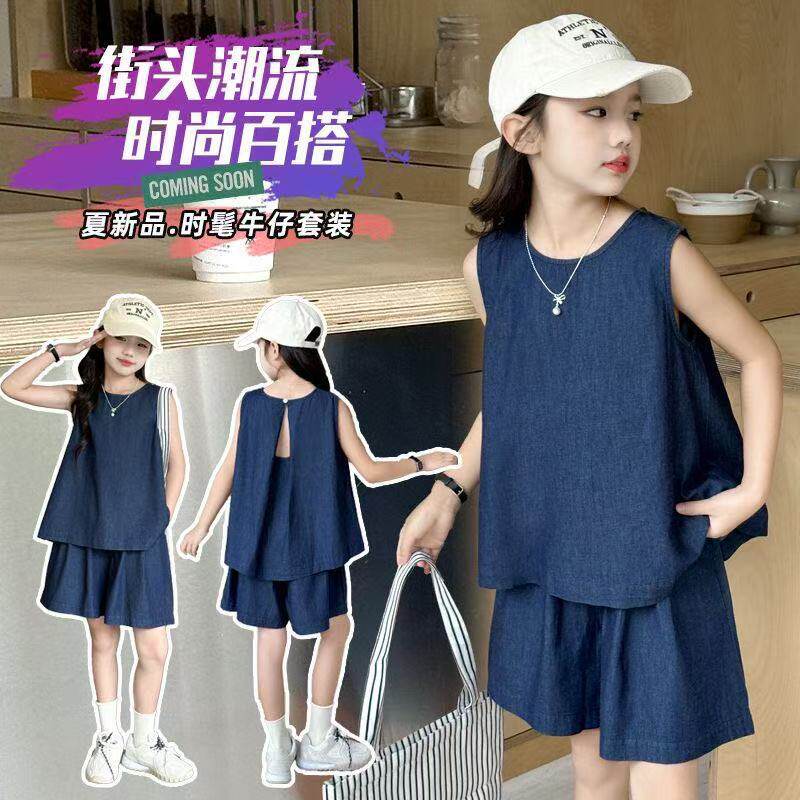 童装女童仿牛仔套装夏装中大童