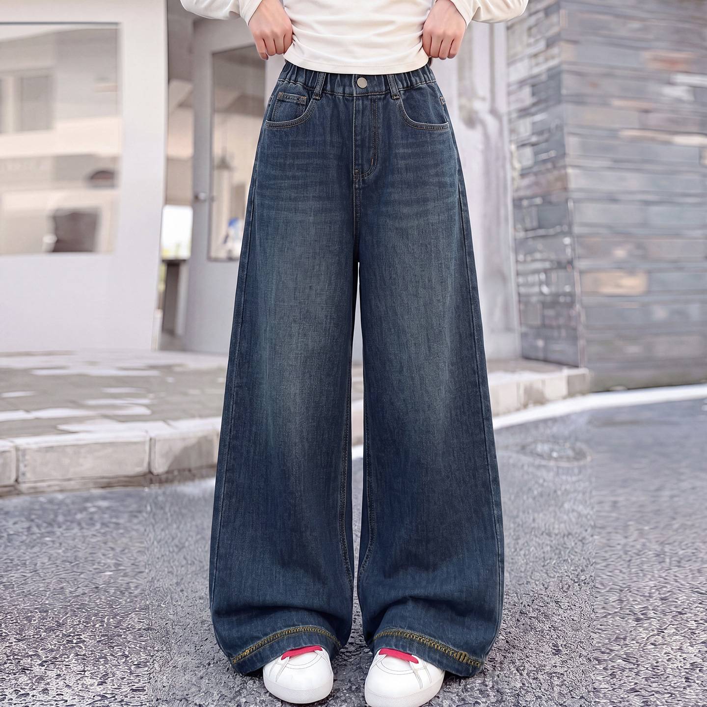 女童高腰直筒牛仔裤春秋新款洋气
