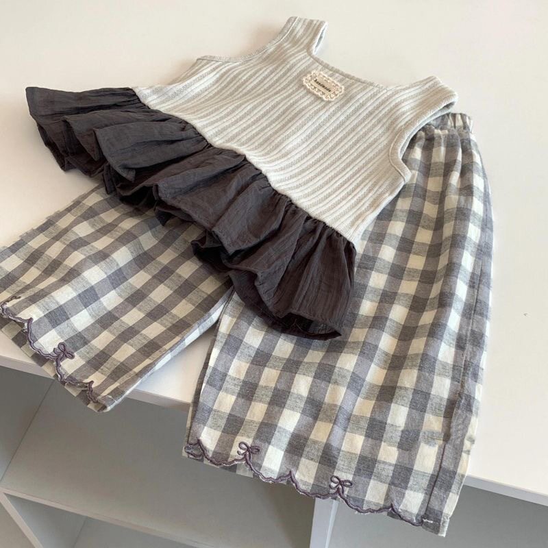 女童夏季套装2026新款洋气花边拼接背心儿童休闲百搭格子裤棉韩版