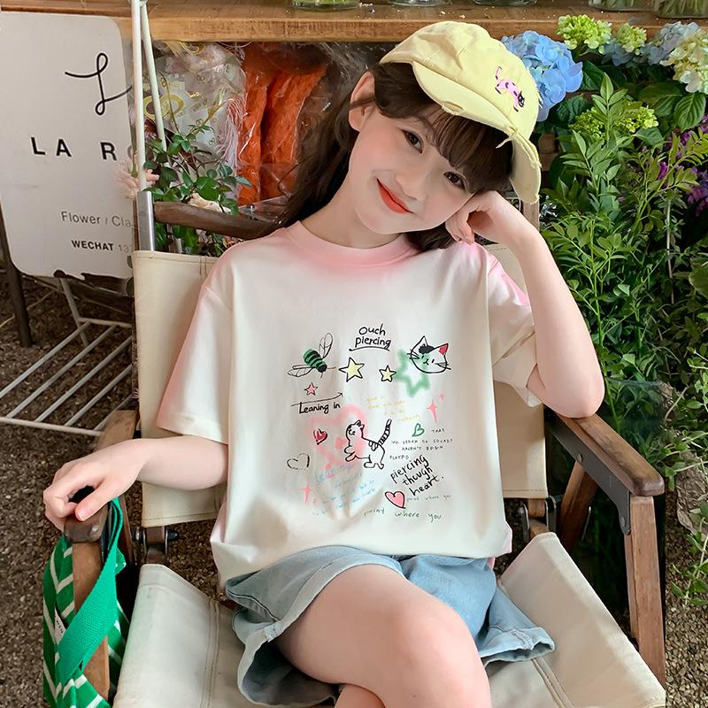 女童短袖T恤薄款夏装2025新款洋气女孩儿童上衣夏季纯棉半袖t大童