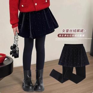 女童裤裙假两件秋冬款儿童裤子春秋加绒打底裤半身裙子丝绒短裙裤