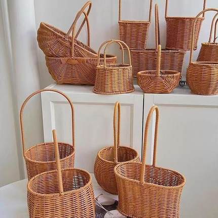 花篮藤编手提篮野餐收纳篮鲜花插花篮装饰道具摆件田园风节日礼篮